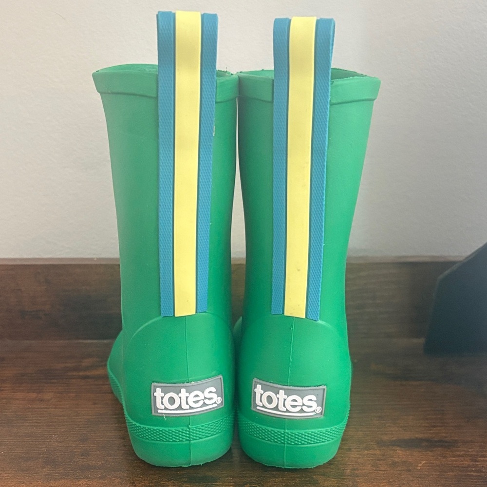Totes Kids Green Boots with Blue and Yellow Stripes